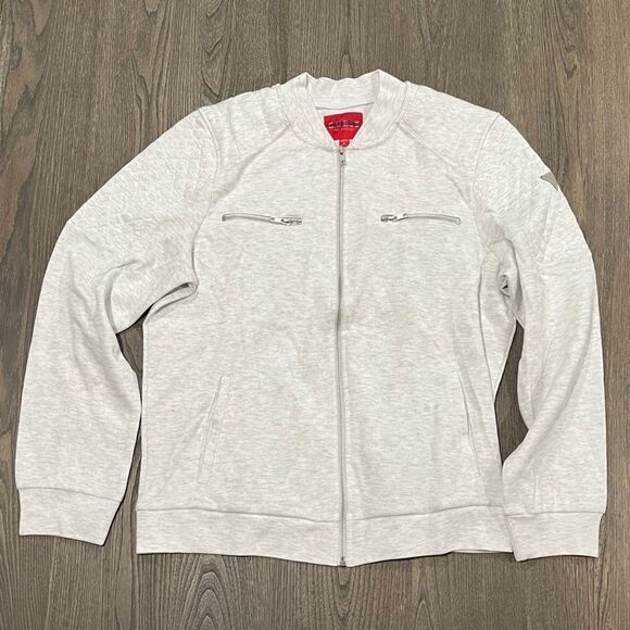 NWOT Guess Mens White Gray Cotton Blend Zip Up Bomber Jacket Size M - Picture 1 of 8